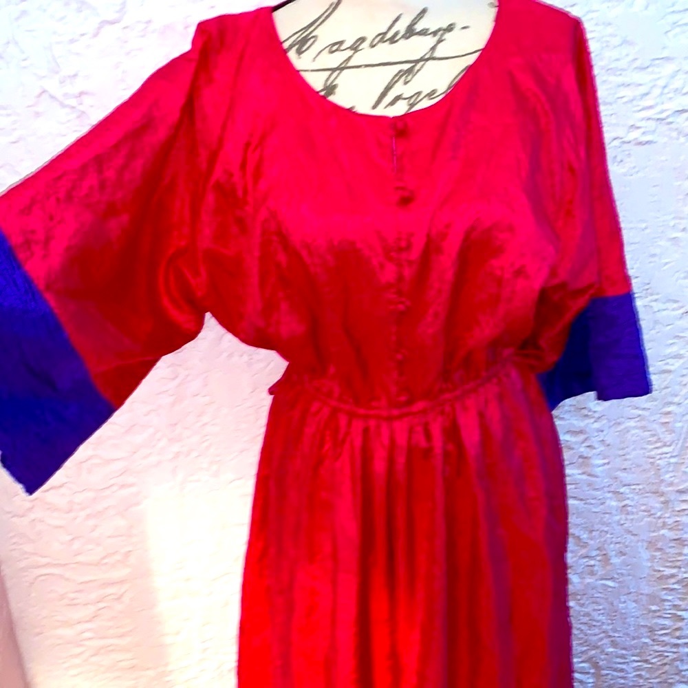 🌺Vintage Bright Hot Pink Colorblock Kimono Sleeve Nylon Jumpsuit